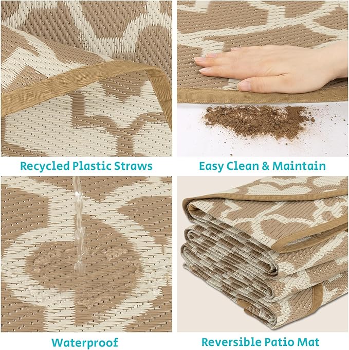 HEBE Outdoor Rug Waterproof 8ft, Plastic Straw Rug Camping Rug, Reversible Outdoor Patio Rugs RV Mat Clearance, Indoor Outside Floor Carpet for Porch,Deck,Camper,Balcony,Backyard