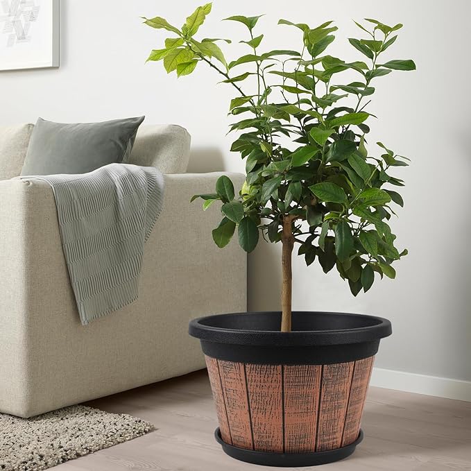 Quarut Large 4 Pack 16 inch Plant Pots,Whiskey Barrel Planters with Drainage Holes & Saucer,Plastic Decoration Flower Pots Retro Design,Planters for Outdoor Indoor Garden Balcony Plants (Brown)