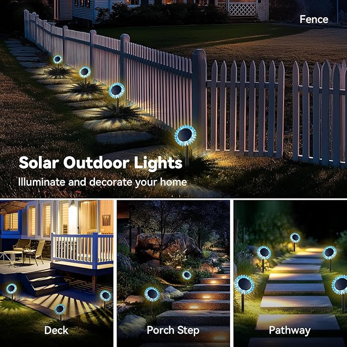 Outdoor Solar Lights, 6 Pack Led Solar Sunflower Lights, Stake/Wall 2-in-1 Waterproof Solar Garden Lights for Yard, Landscape, Fence, Patio, Driveway, Pathway, Backyard Decoration (Warm White)
