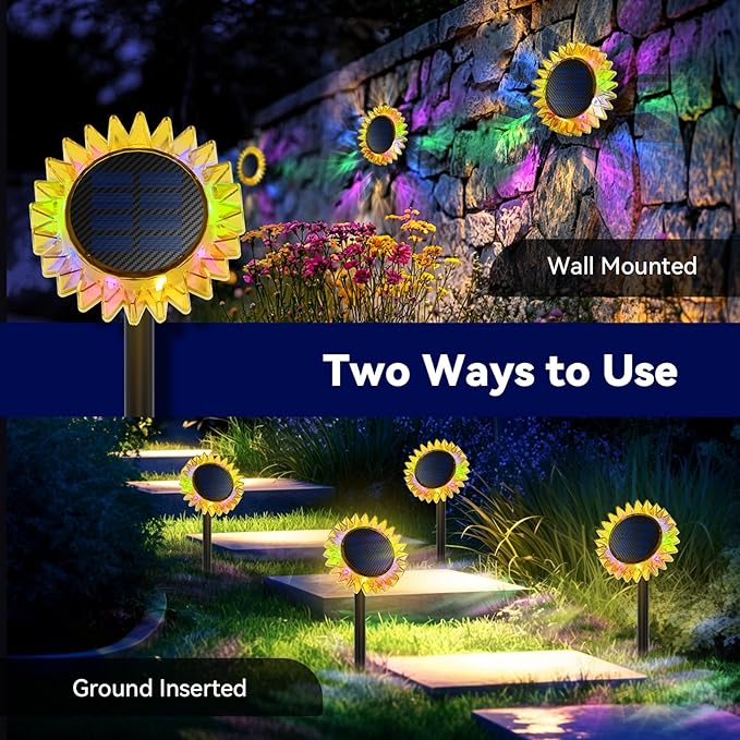 Outdoor Solar Lights, 6 Pack Led Solar Sunflower Lights, Stake/Wall 2-in-1 Waterproof Solar Garden Lights for Yard, Landscape, Fence, Patio, Driveway, Pathway, Backyard Decoration (Colourful)