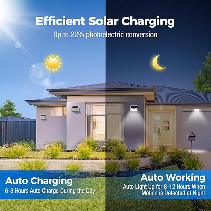 Peasur White Solar Lights Outdoor Waterproof, 6Pack 140LED Solar Powered Motion Sensor Light, 3 Modes Security Wall Lights for Fence Garden Yard Outside