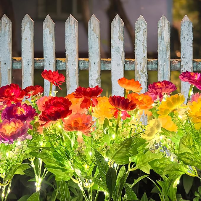 Solar Flowers Lights, 2 Pack Solar Garden Lights with 14 Blooming Flowers, Waterproof Solar Outdoor Fairy Lights for Outside Yard, Garden, Pathway, Walkway, Patio, Lawn, Cemetery, Grave Decor