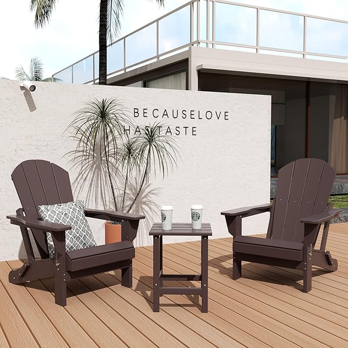 WO Home Furniture Adirondack Chair Table Set of 2 PCS Outdoor Folding Chair w Side Table Weather/UV Resistant for Lawn, Garden, Bon Fire, Balcony (Dark Brown)