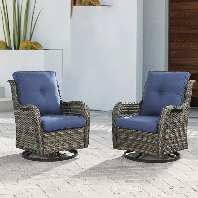 Outdoor Patio Swivel Rocker Chairs - Single Wicker Rattan Patio Swivel Rocking Chair with High Back,Deep Seating and Comfort Cushions for Deck Porch Garden,Mixed Grey/Blue