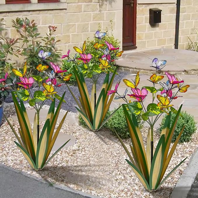 Garden Outdoor Butterfly Enlarge Thickened Wind Resistant Metal Agave Garden Art Metal Plant Country Sculpture Statue Decorations Ornaments Artificial Waterproof Butterflies(Light Green 2pcs)