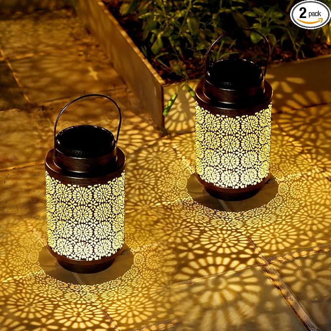 2 Pack Solar Lanterns Outdoor Waterproof, Hanging Led Lantern Garden Decorative, Metal Decorative Garden Lights, Solar Outdoor Lights Decor for Table Patio Garden Yard Pathway, Bronze, T00012