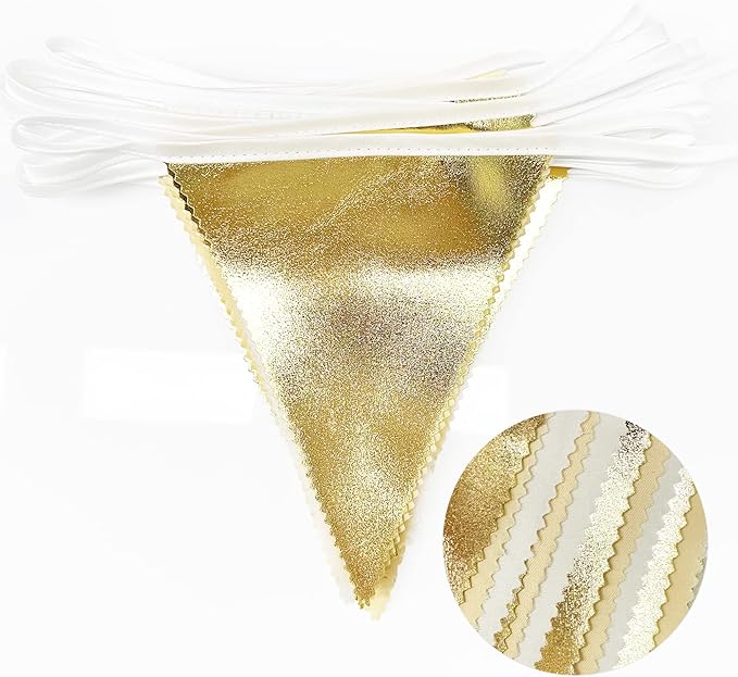 White and Gold Party Decorations Gold Beige White Fabric Triangle Pennant Banner Flag Bunting Garland for Graduation Wedding Birthday Bridal Shower Anniversary Engagement Baptism Party Supplies
