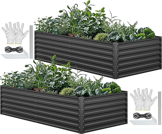 YITAHOME 8x4x2ft 2pcs Large Raised Garden Bed Kit, Galvanized Metal Planter Box with Gloves, Ground Nails & Safety Rubber, Outdoor Above Ground Planters for Plants Vegetables Flowers, Black