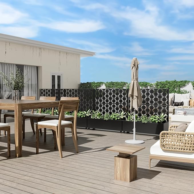 Casaphoria Metal Raised Garden Bed with Trellis and Wheels, 47"x47"x16" Planter Box for Climbing Plants, Vegetables & Vines, Features Drainage Holes and Privacy Screen (Black-Brick)