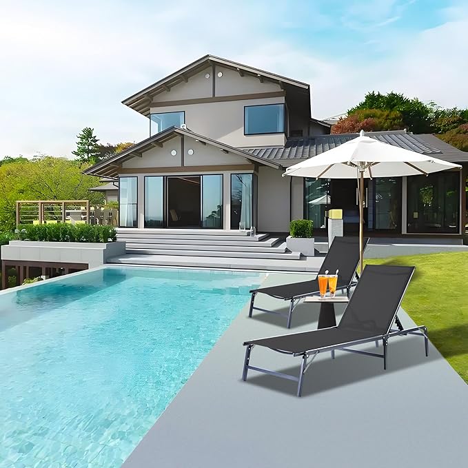 Outdoor Chaise Lounge Chair, Foldable & Assemble-Free, 6 Adjustable Positions, Durable Rust-Resistant Frame, Portable Outdoor Pool Lounge Chairs for Pool Patio Beach, Black