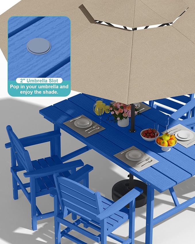 Patio Dining Set for 4 with Umbrella Hole - 66" Outdoor Table & 4 Chairs, All-Weather HDPE Outdoor Furniture for Lawn, Garden, Backyard, Poolside, Navy