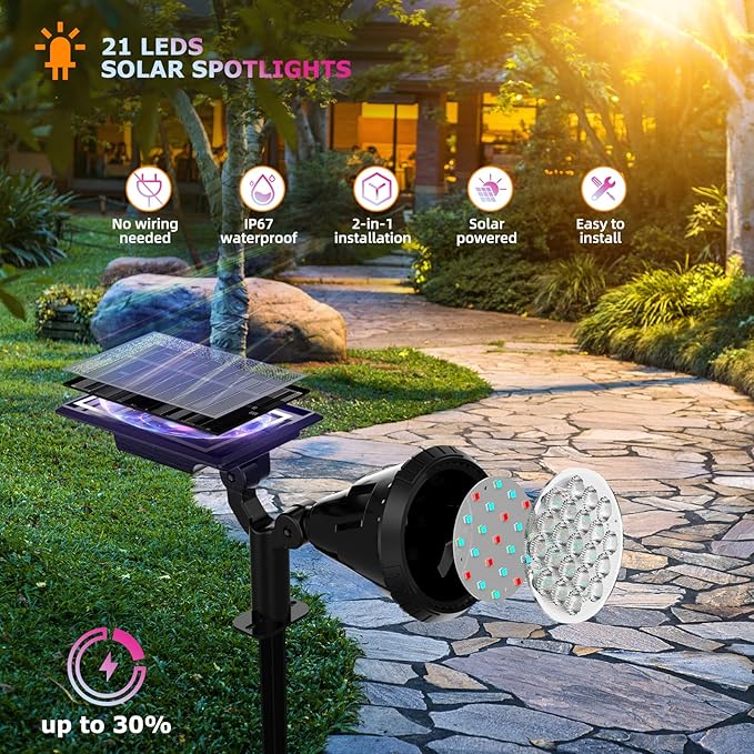 Solar Color Spot Lights Outdoor, 21 LEDs Color Changing Solar Outdoor Lights, IP67 Waterproof RGB Multicolor Yard Solar Spotlights Auto On/Off for Pathway Garden Pool Patio Tree