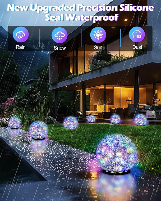 Garden Solar Ball Lights Outdoor Waterproof, 50 LED Cracked Glass Globe Solar Power Ground Lights for Path Yard Patio Lawn, Outdoor Decoration Landscape Colorful(2 Pack 4.7'')