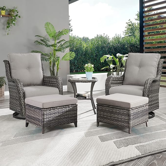 Outdoor Wicker Patio Furniture Set - 5 Pieces Rattan Patio Conversation Set with 2 Rocking Swivel Chairs,2 Ottomans and 1 Side Table for Porch Deck Backyard Garden(Mixed Grey/Grey)