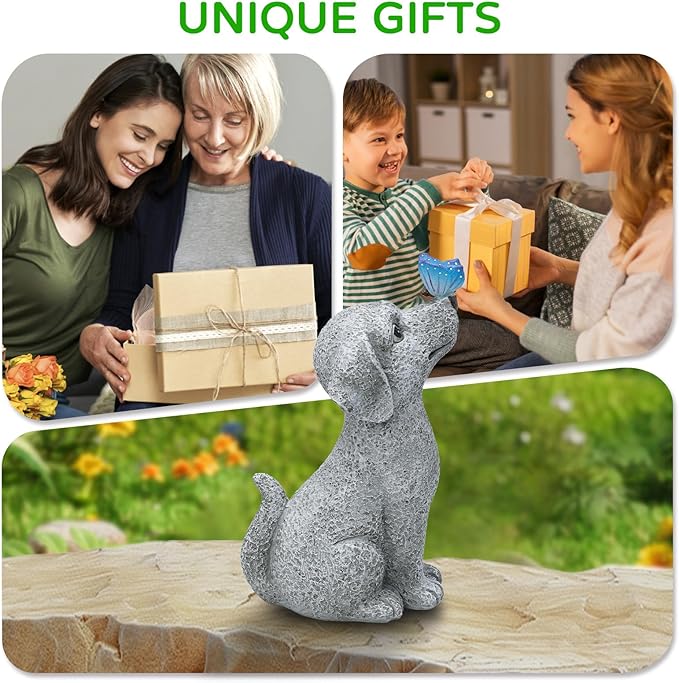 Solar Garden Outdoor Statues Dog with Butterfly Lights, Lawn Decor Puppy Figurine for Patio Balcony Yard, Yard Unique Christmas Birthdays Gift for Mom Grandma