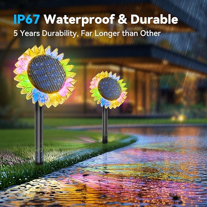 Solar Garden Lights - Upgraded Solar Sunflower Light, Ground/Wall 2 In 1, Solar Outdoor Lights Waterproof IP67,Garden Yard Patio Backyard Pathway Landscape Fence Wall Decoration, Multicolor(4 Pack)