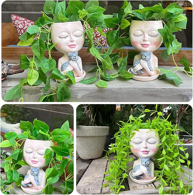 Face Plant Pots Head Planters - Face Flower Pot Head Planter with Cat, Succulent Pots with Drainage Hole, Resin Lady Planter for Indoor Outdoor, Home Decor, Mother's Day/Women Gifts