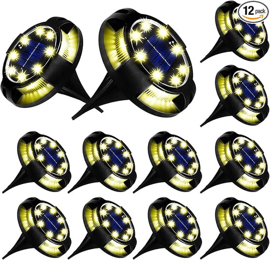 Solar Ground Lights Outdoor 12 Packs 12 LED Disk Lights Solar Powered Waterproof New In-ground Lights For Garden Deck Stair Step Lawn Patio Driveway Walkway Pathway Yard decoration(Warm Light,12Pack)