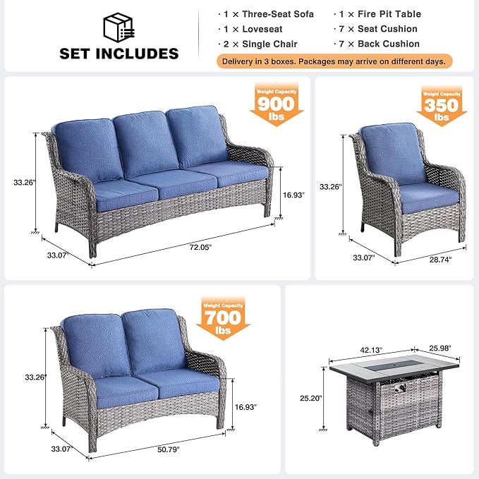 ovios 5 Pieces Patio Furniture Set with 42" Fire Pit Table, Outdoor Wicker Sofa with Loveseat, Comfy Cushions, High Back Couch Conversation Set, Grey Rattan, Denim Blue