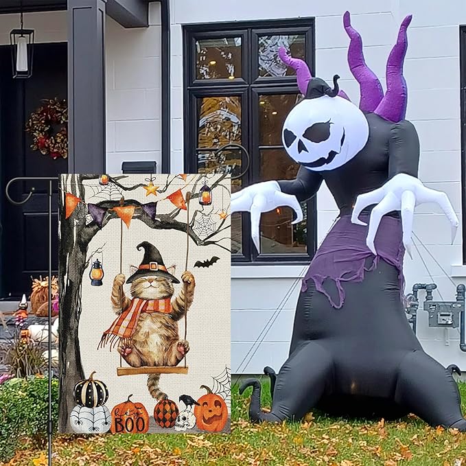 Heyfibro Halloween Cute Cat Swing Garden Flags 12 x 18 Inch Vertical Double Sided Burlap, Pumpkin Skull Bat Yard Flag for Seasonal Fall Thanksgiving Farmhouse Decoration(ONLY FLAG)