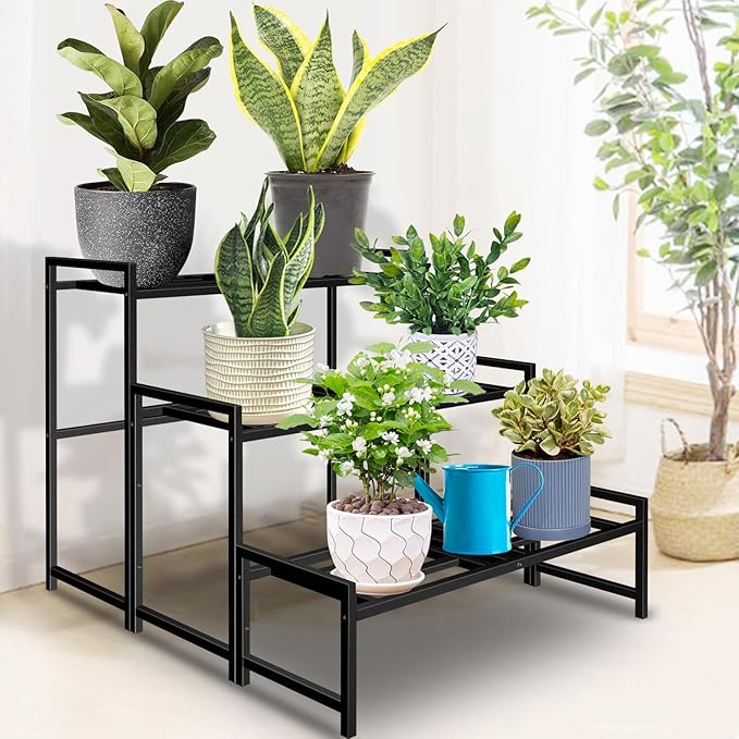Plant Stand Indoor Outdoor, 3-Tier Wrought Iron Plant Stands, Stackable Metal Plant Shelf Decorative Outdoor Flower Stand Heavy Duty Pedestal Stands for Garden Deck Living Room, Black