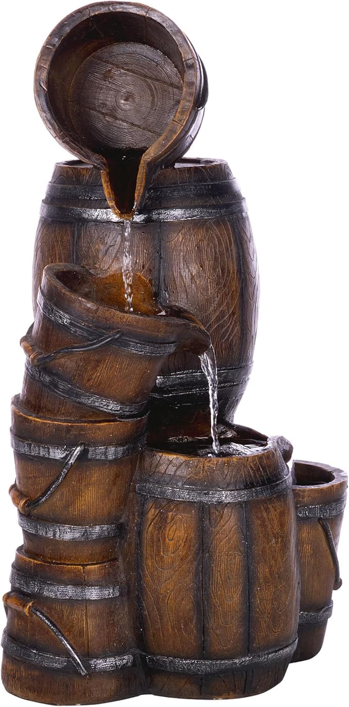 Alpine Corporation ZEN409S 24" Indoor/Outdoor Floor Tiered Barrels and Buckets Fountain, Rustic 4-Tier – Water Feature for Garden, Patio, and Home Décor, Brown