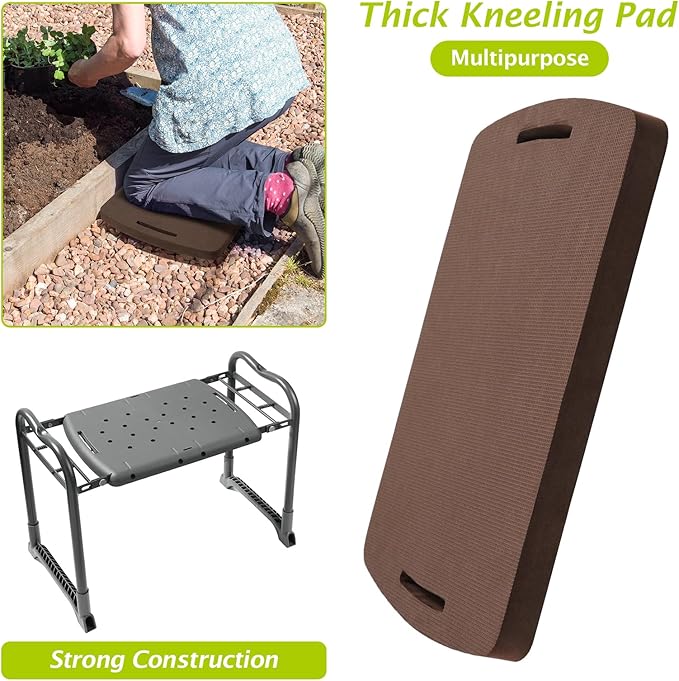 ikkle Garden Kneeler and Seat Gardening Stool Kneeler Folding Gardening Bench with Thicker Detachable Kneeling Pad and Tool Store Pouches (Brown)
