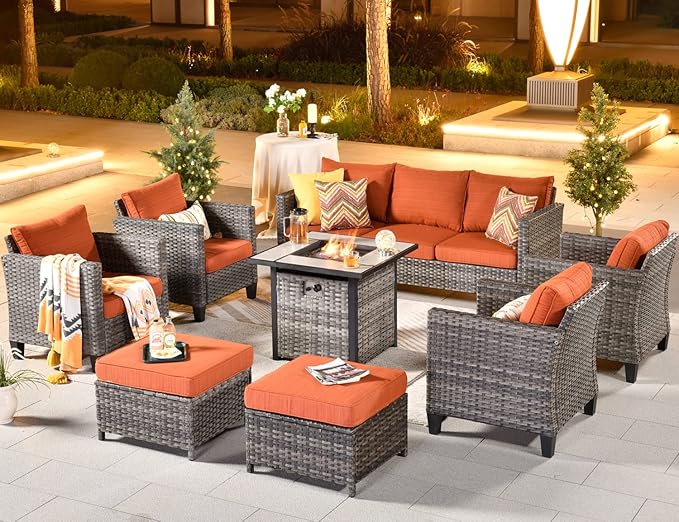 ovios 8 Pieces Patio Furniture Set with 30" Fire Pit Table, Outdoor Wicker Sofa with Comfy Cushions, All Weather High Back Rattan Couch Conversation Set, Orange Red