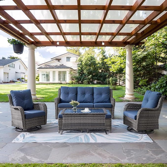 Wicker Outdoor Furniture Patio Furniture Set - 6 Piece Patio Conversation Set with Swivel Rocker Chairs, Rattan Sofa, Ottomans and Coffee Table, Blue Cushion