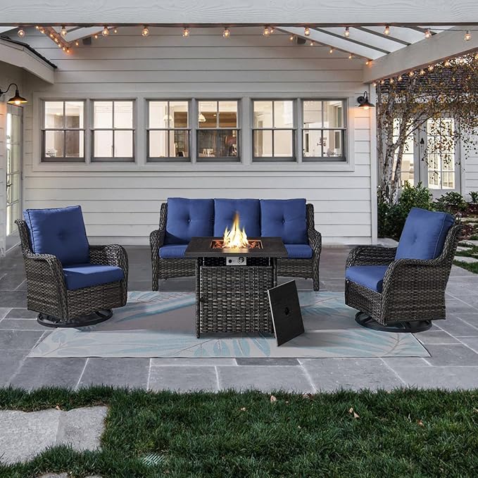 Outdoor Patio Furniture Set with 50000BTU Propane Fire Pit Table, 4 Pieces Wicker Patio Conversation Set with 2 Swivel Rocker Glider Chairs Rattan Sofa Blue Cushion Perfect for Gathering