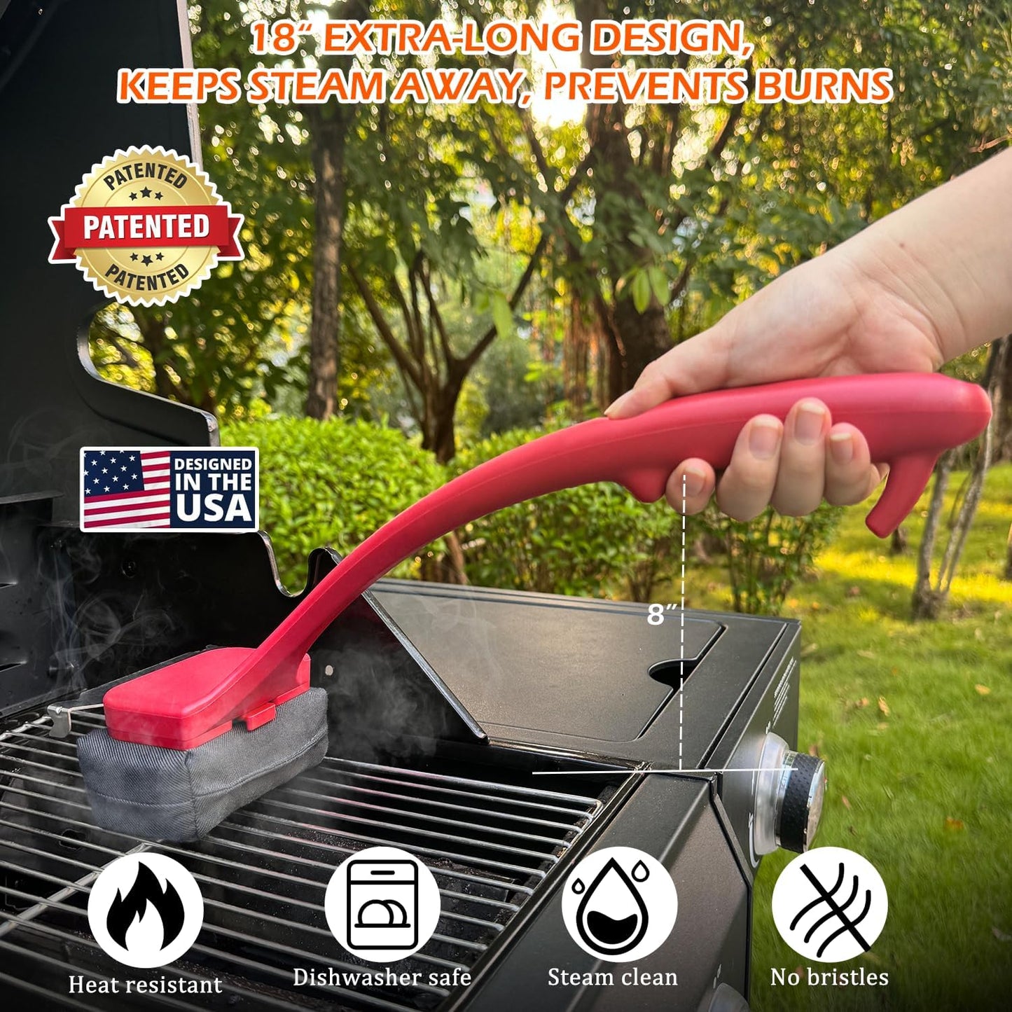 Grill Brush for Outdoor Grill, 18" Bristle Free Steam Grill Brush with SuS304 Stainless Steel Scraper, Grilling Accessories Fit for All Types Grill, Heat-Resistant & Easy to Clean, Black