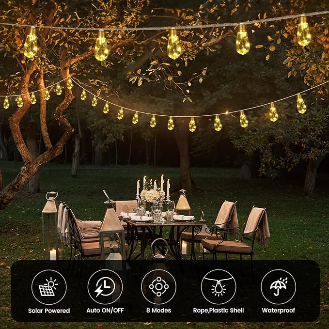 Solar Outdoor String Lights 24FT Vintage Rope Hemp Solar Lights with 20 Shatterproof Bulbs,8 Modes Solar Powered String Lights with Memory Function,Waterproof for Fence,Yard,Camping(Warm White)