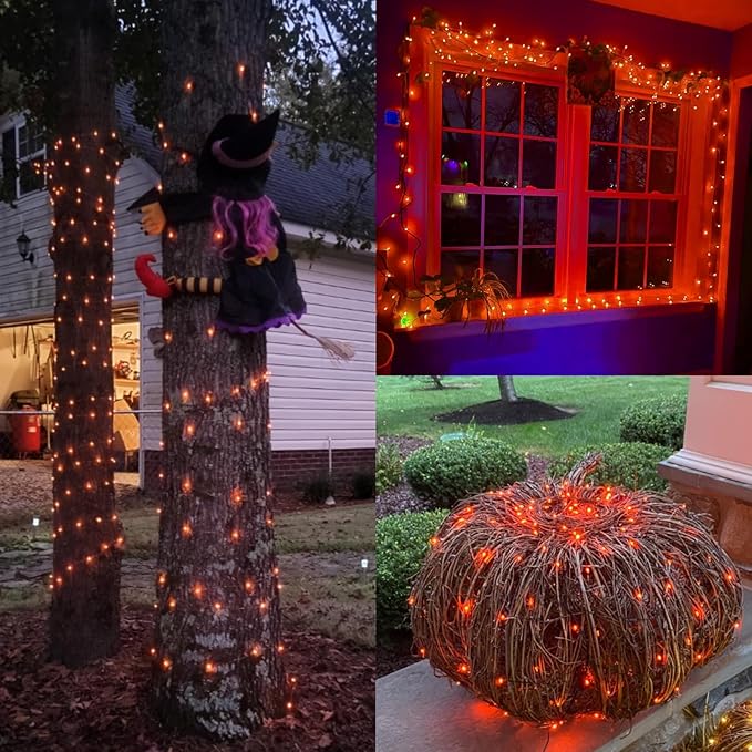 QITONG 4 Pack Orange Solar Fairy Lights, Each 33ft 100 LED Solar Christmas Lights Outdoor Waterproof, 8 Modes Christmas String Lights