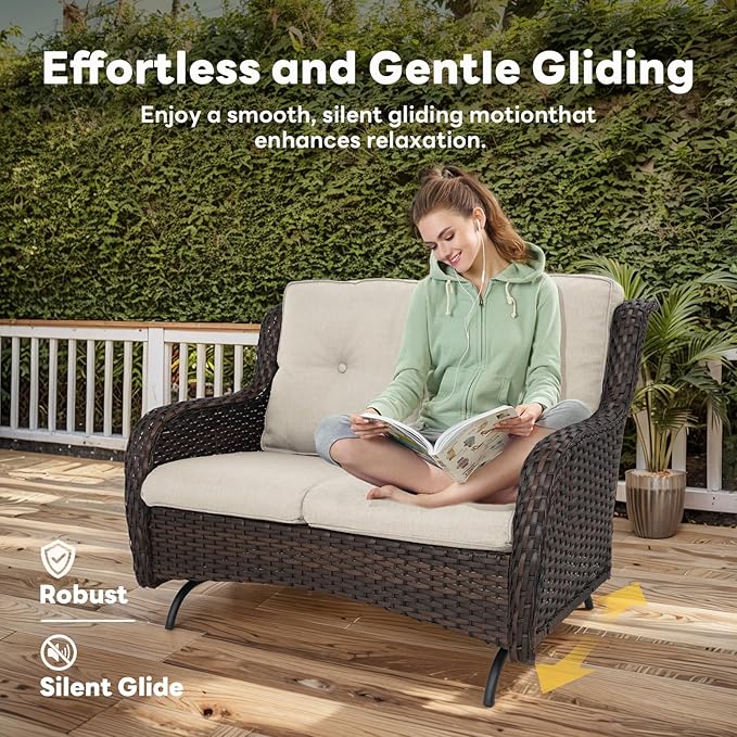 Outdoor Patio Furniture Set - 7 Piece Brown Wicker Conversation Patio Furniture Set All Weather Swivel Chairs with Ottoman and Loveseat Glider Chair for Deck Balcony Backyard