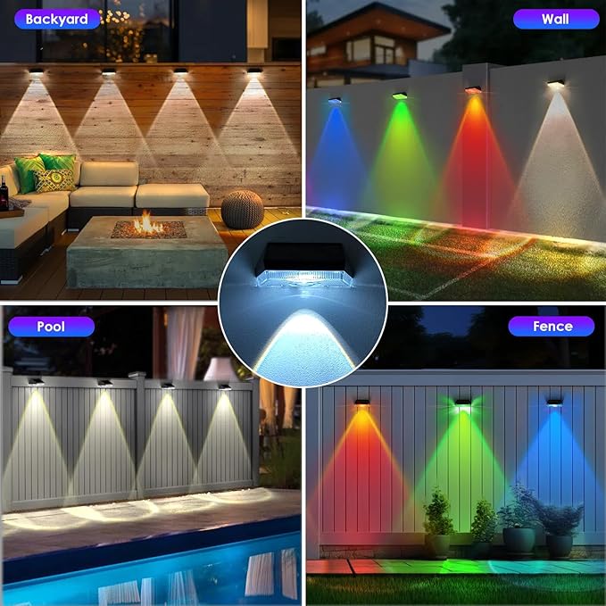 Solar Fence Lights Outdoor - IP65 Waterproof, 3000/4000/6000K & RGB Fence Lights Solar Powered, Deck Light for Outside Backyard, Patio, Deck, Stair Handrail, Pool and Wall (2PK)