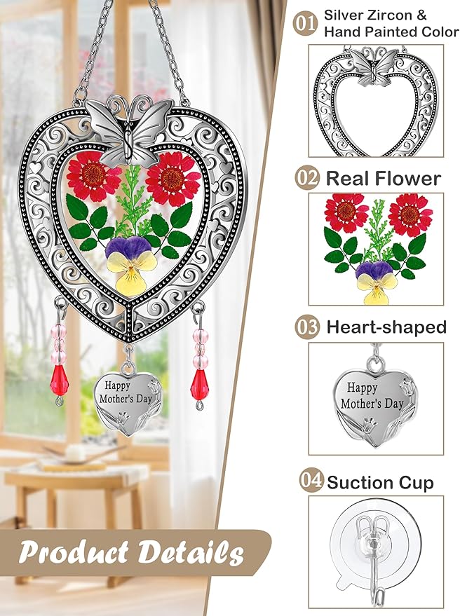 KY&BOSAM Suncatcher Happy Mother’s Day Stained Glass Tree of Life Heart Gifts Garden Ornament Wind Chimes for Windows Pressed Flower Between Heart in Glass Metal Engraved Charm as