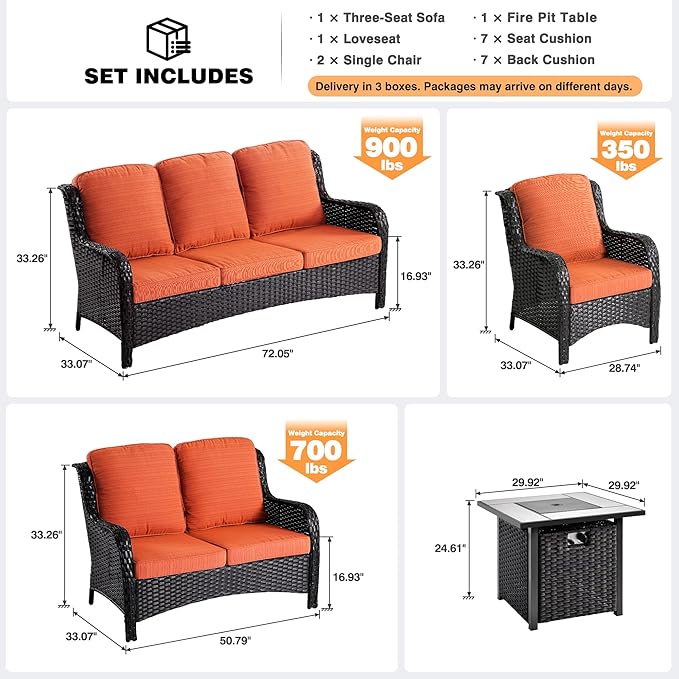 ovios 5 Pieces Patio Furniture Set with 30" Fire Pit Table, Outdoor Wicker Sofa with Loveseat, Comfy Cushions, High Back Couch Conversation Set, Brown Rattan, Orange Red