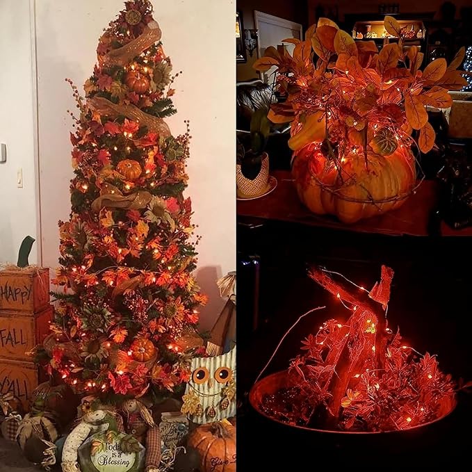 QITONG 4 Pack Orange Solar Fairy Lights, Each 33ft 100 LED Solar Christmas Lights Outdoor Waterproof, 8 Modes Christmas String Lights