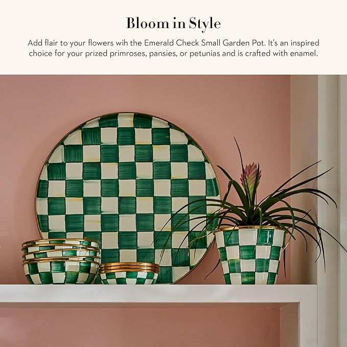 MACKENZIE-CHILDS Enamel Garden Pot, Decorative Pot for Plants, Outdoor Flowerpot Decor, Small, Green-and-White Emerald Check