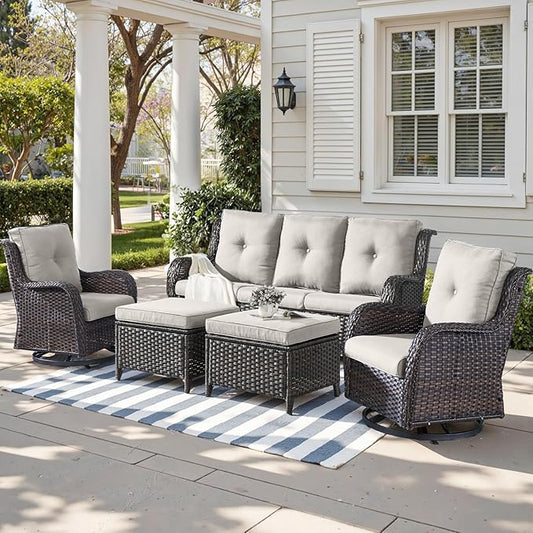Outdoor Wicker Patio Furniture Set - 5 Piece Rattan Patio Conversation Set with 2 Rocking Swivel Chairs,2 Ottomans and 1 Sofa for Porch Deck Backyard Garden(Brown/Beige)