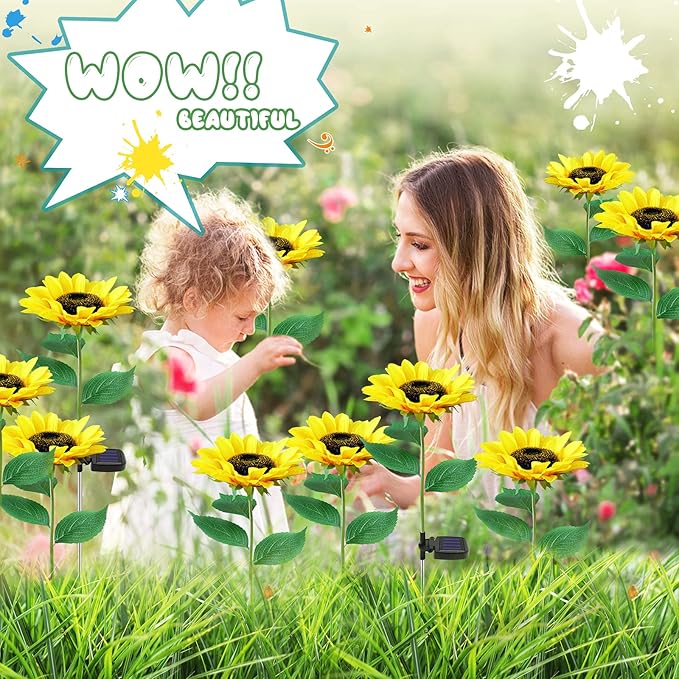 TYNLED Sunflower Solar Garden Lights, 2 Pack Outdoor Solar Powered Garden Stake Lights Waterproof Decoration Flower Landscape Lights for Garden Patio Pathway Backyard