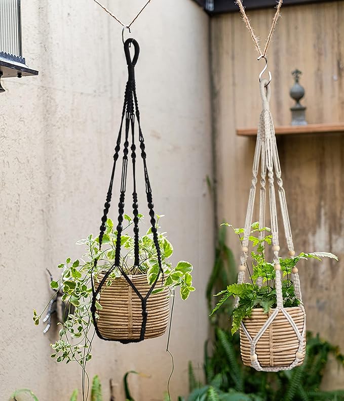 Macrame Plant Hanger Indoor Hanging with Wood Beads Macrame Planters No Tassel for Indoor Outdoor Boho Home Decor 35 Inch (Black,1pc)