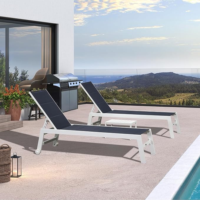 PURPLE LEAF Outdoor Chaise Lounge Set Oversize Adjustable Sunbathing Recliner Extra Wide Lounge Chairs with Side Table for Poolside Beach Outside Patio Aluminum Chaise Lounger Navy Blue 2 Sets