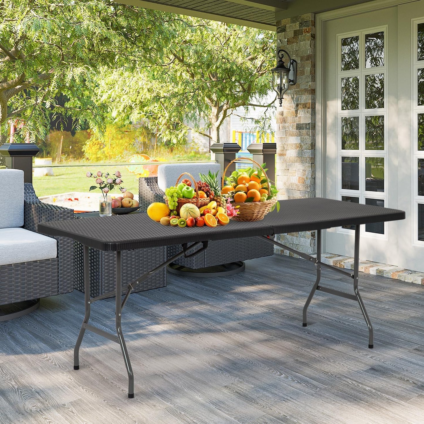 6FT Folding Table, Heavy Duty Plastic Table Portable Fold-in-Half Utility Table Indoor Outdoor Picnic Table w/Handle & Lock for Camping BBQ Party Wedding Market Events, Black Ratten