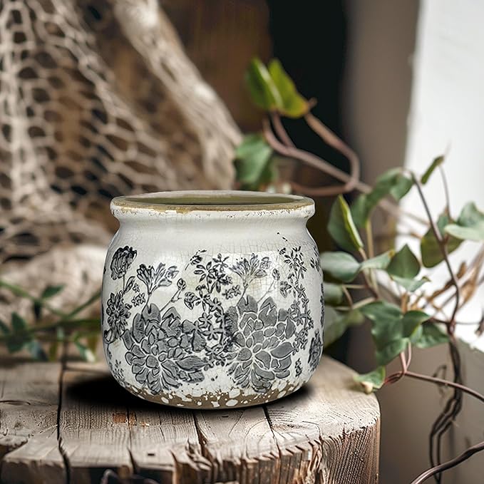 Vintage Grey Ceramic Ice Crack Flower Pot with Drainage Holes, Country Rustic Planters for Indoor and Outdoor,Tuscan Decor,Home,Living Room, Garden Decor, Gardening Gift