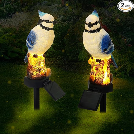 2 Pack Blue Jay Solar Lights Blue Jay Outdoor Decor Bluebird Solar Light Bird Figurine Garden Stake for Pathway Garden Lawn Yard Cemetery Decoration