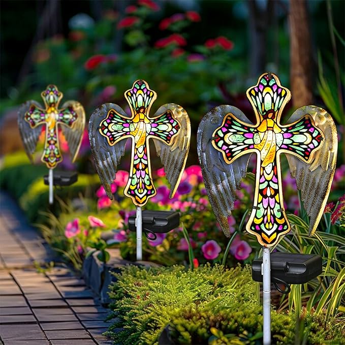 YJFWAL Solar Glass Cross Garden Stake Light, Cemetery Decorations for Grave Outdoor Lights, Jesus Cross Angel Wings Sympathy Memorial Gifts, for Easter Halloween Garden Lawn Yard Patio Decor