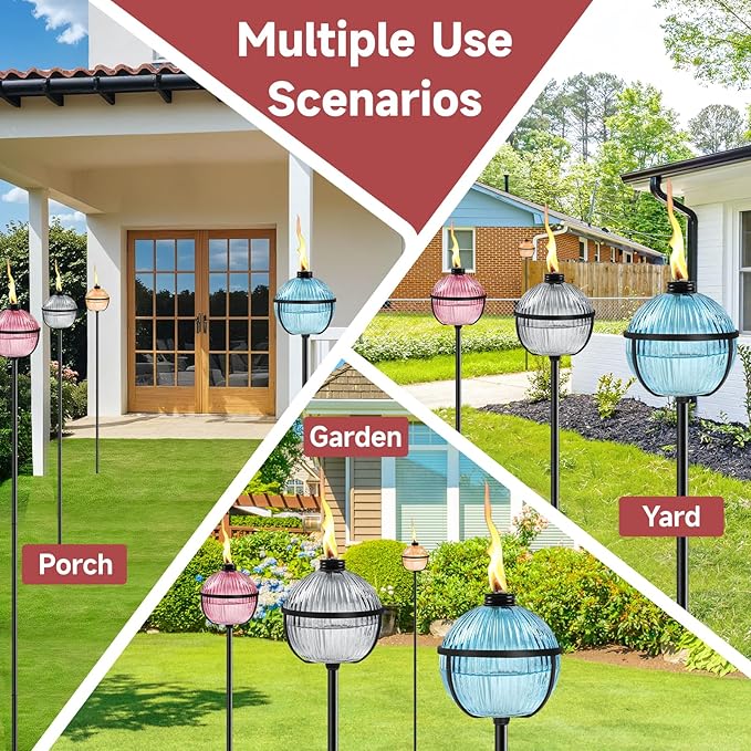 Citronella Torches Set of 4, 16 oz Glass Garden Torches for Outside, 3-Prong Grounded Stake Outdoor Torches, 58.6 inch Outdoor Torch for Yard, Patio, Deck, Party