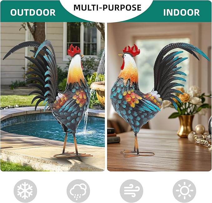 32" Large Metal Rooster Decor, Outdoor Garden Statues, Metal Chicken Sculpture for Backyard Patio Kitchen Decor