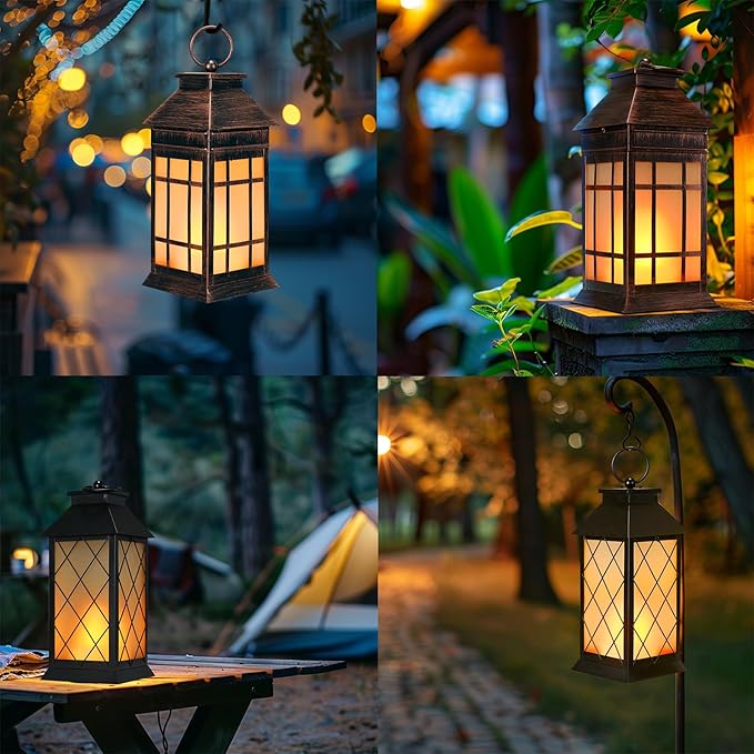 18" Glass Solar Lanterns Outdoor Waterproof, Large Solar Flickering Flame Lantern, Outdoor Lantern Decorative Metal Solar Garden Light for Patio Garden Backyard Outside Tabletop Decor(Vintage Copper)
